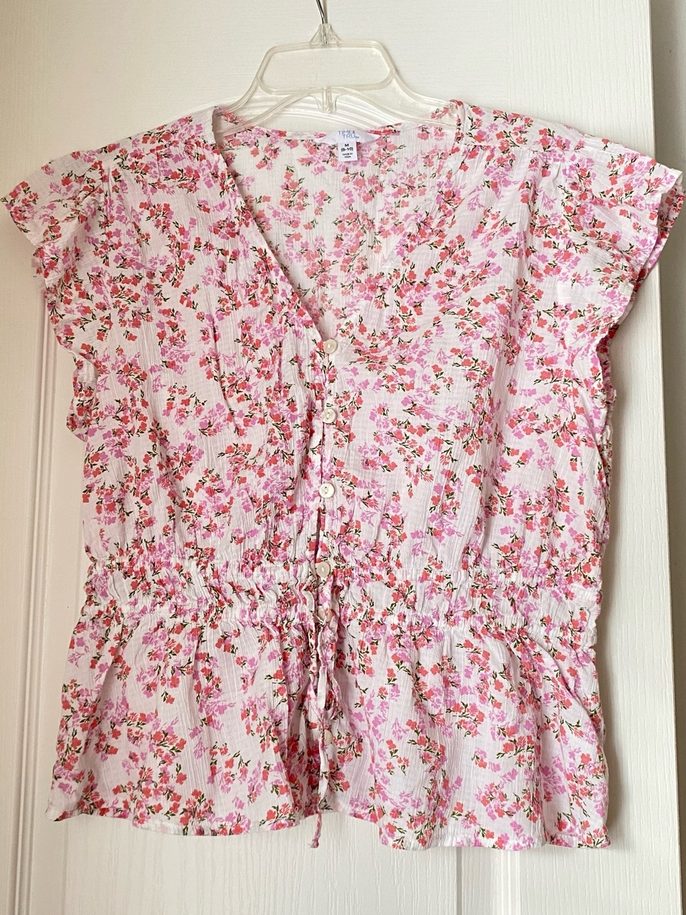 White & Pink Floral Button-Front Peplum Top